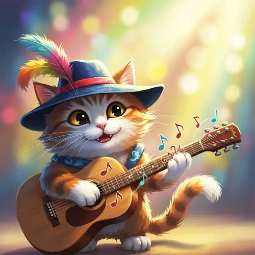 Whimsical Cat with Hat and Guitar | Musical-Inspired Digital Painting