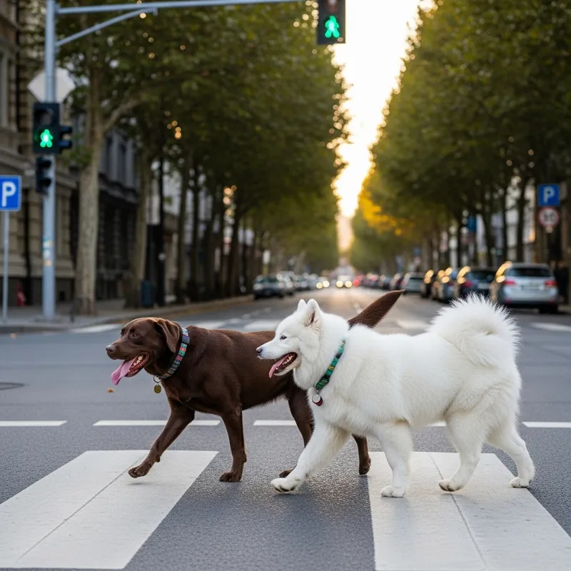 Labrador & Samoyed Crossing Road: Two Dogs Urban Scene