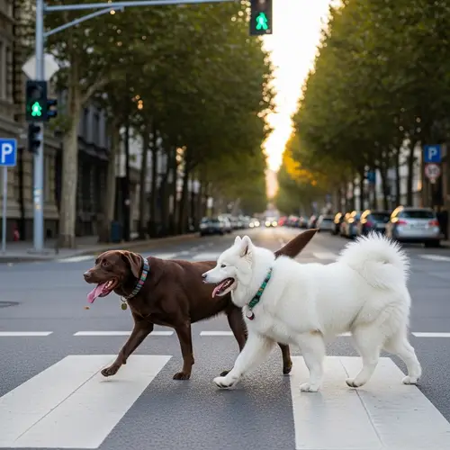 Safe Urban Scene: Labrador & Samoyed Crossing Road