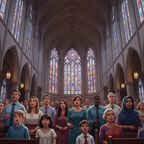 Diverse Family Singing in Gothic-style Church | Harmony & Unity