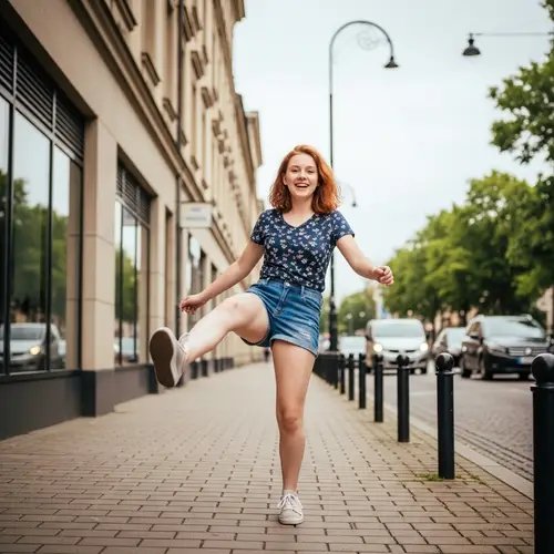 Vibrant Redhead Teenager in Denim Shorts | Youthful Street Photography Style