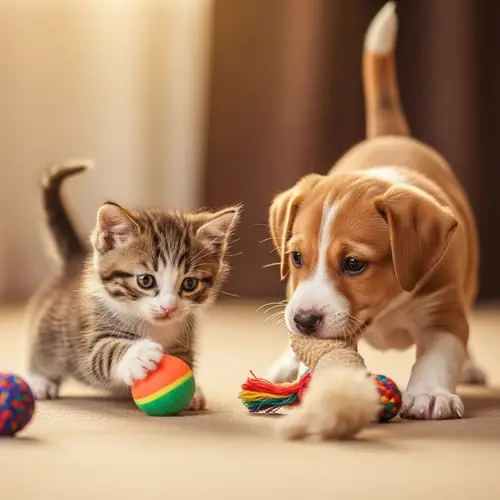 Happy Kitten and Puppy Playing with Their Favorite Toys