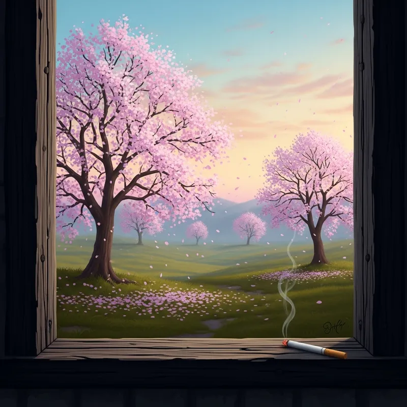 Decaying Sakura and Cigarette: Serene Yet Melancholic Landscape Decaying Sakura and Cigarette: Serene Yet Melancholic Landscape