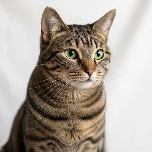Mature Domestic Short-Haired Tabby Cat | Intense Gaze and Unique Fur Patterns