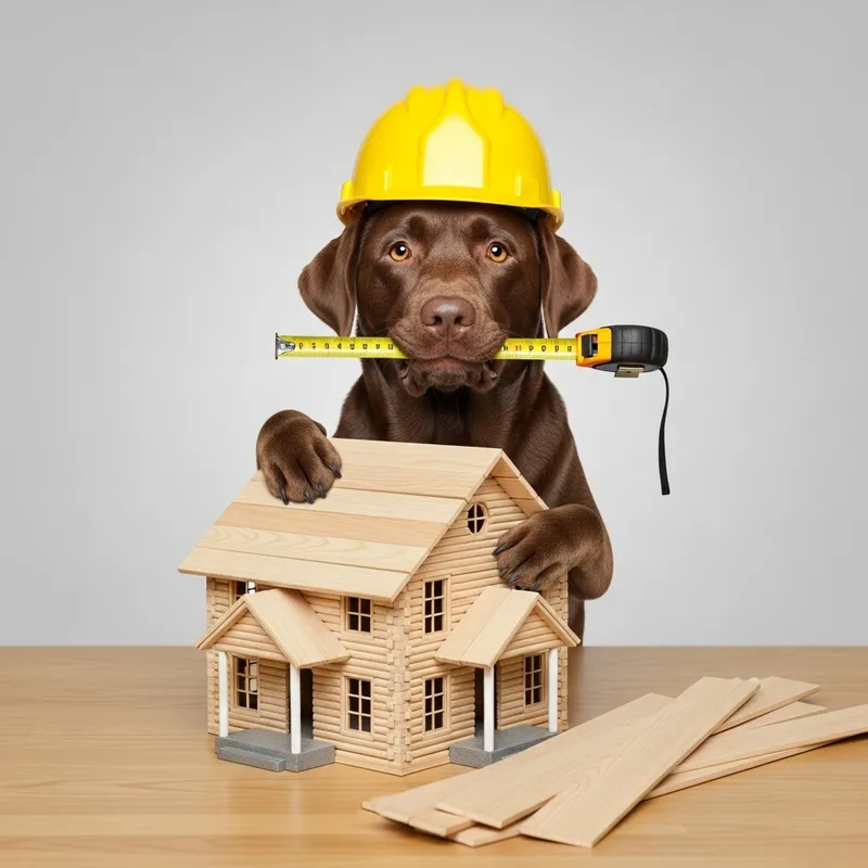Cute Brown Labrador Building Tiny Wooden House Cute Brown Labrador Building Tiny Wooden House