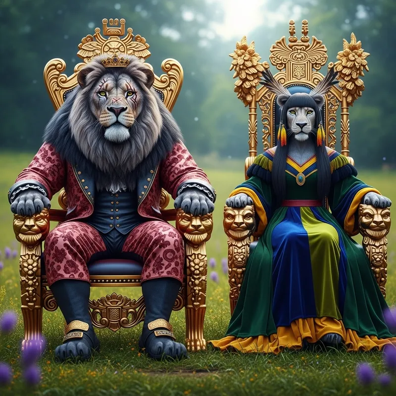 Majestic Male & Female Lion Thrones in Realistic Dark Forrest Scene