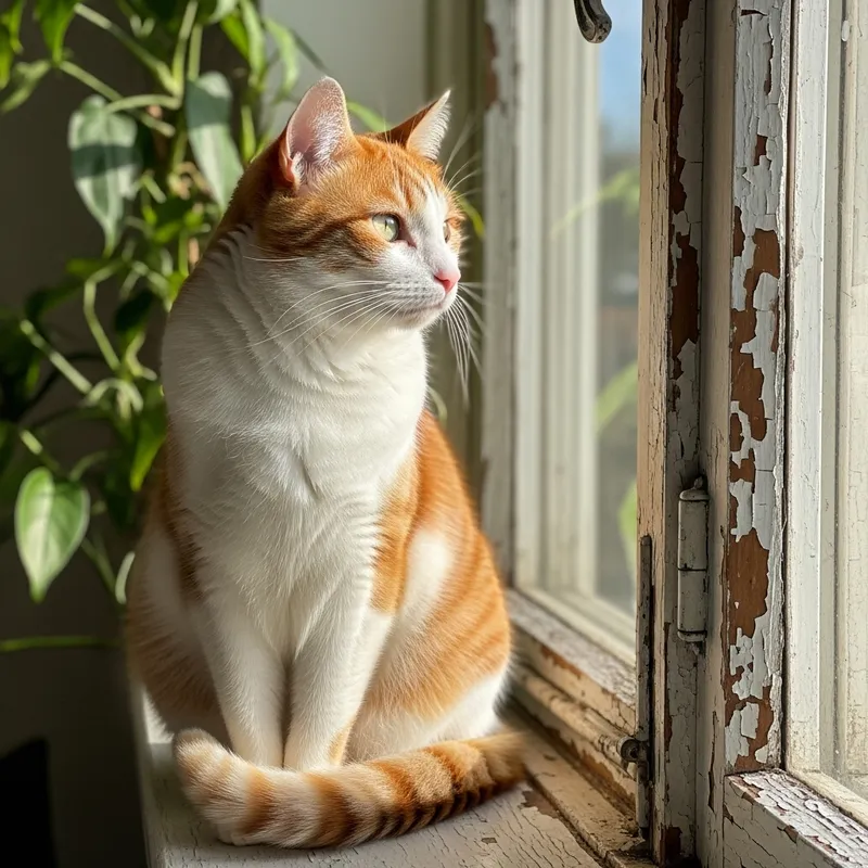 Fluffy White and Orange Cat on Window Sill in Sunny Afternoon