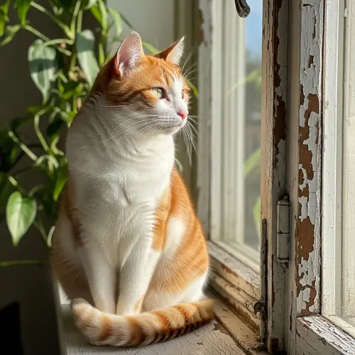Fluffy White and Orange Cat enjoying the Sunny Afternoon