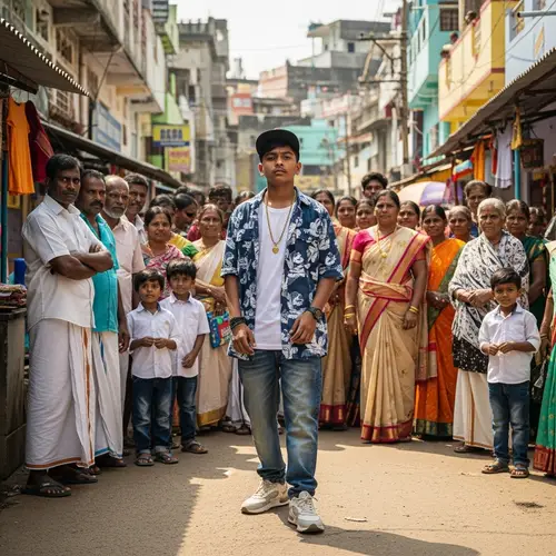Urban Hip-Hop South Indian Boy Amid Diverse Crowd in South India