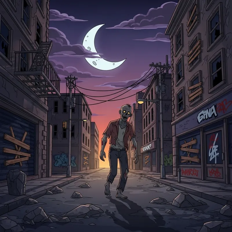 Eerie Zombie Scene on Dilapidated City Street | Haunting Atmosphere