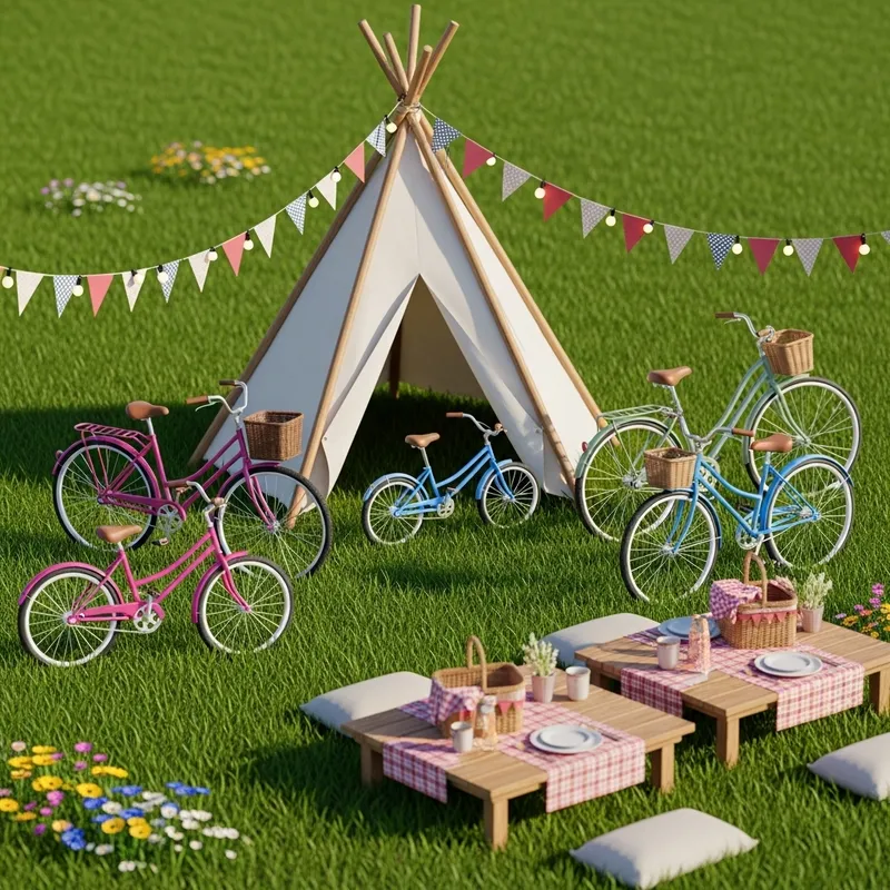 Enchanting 3D Outdoor Scene with Teepee Tent, Bicycles & Decor