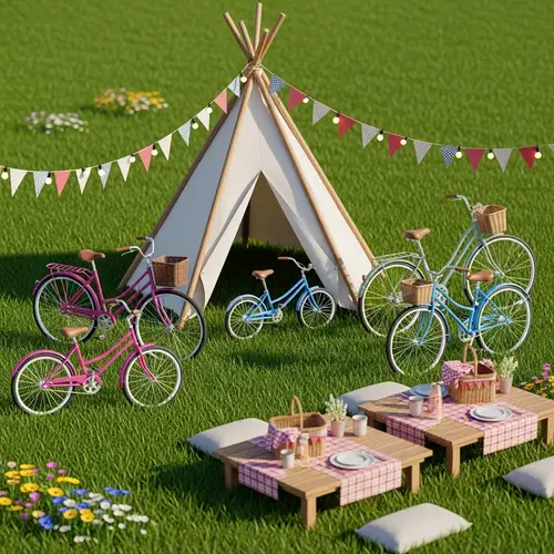 3D Model of Outdoor Scene with Teepee Tent, Bicycles & Decor