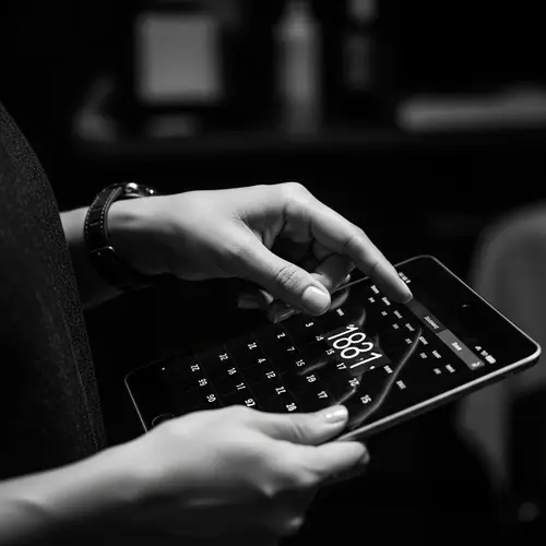 Hispanic Female Barber Crafting Time: Modern Tablet Scene