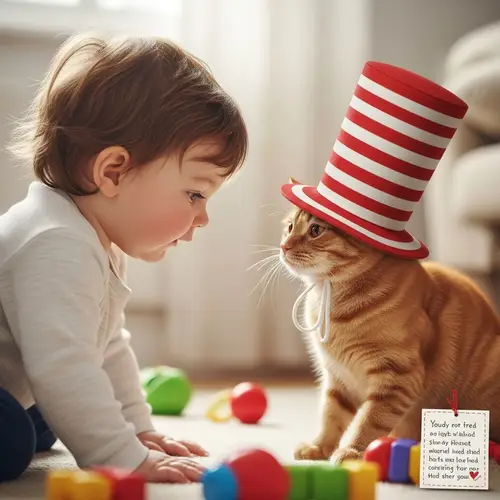 Playful Baby Boy with Ginger Cat in Striped Hat