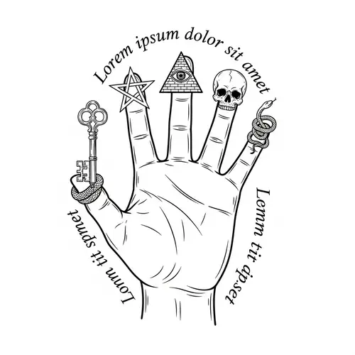 Mystical Hand Illustration with Key, Skull, Eye, Star, and Snake