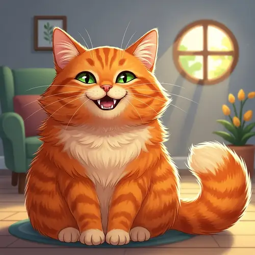 Smiling Cat Illustration: Contented Grin & Emerald Green Eyes