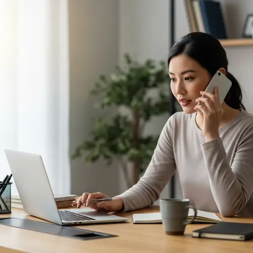 Asian Woman Multitasking at Desk with Laptop and Phone Call