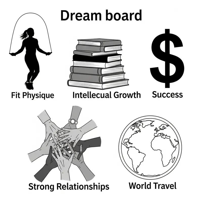 Create Black and Grey Dreamboard for Life Goals - Fitness, Growth, Success, Relationships, Travel Create Black and Grey Dreamboard for Life Goals - Fitness, Growth, Success, Relationships, Travel