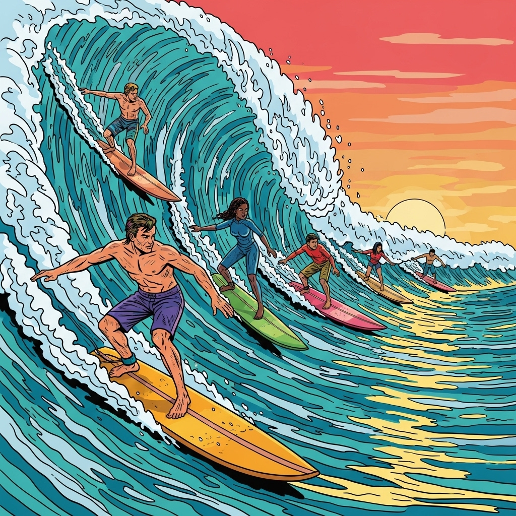 Diverse Surfers Riding Giant Wave in Pop Art Style | AI Art