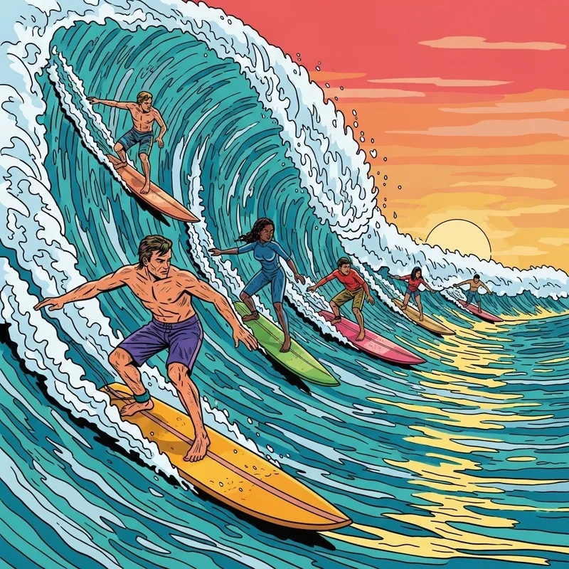 Diverse Surfers Riding Giant Wave in Pop Art Style Diverse Surfers Riding Giant Wave in Pop Art Style