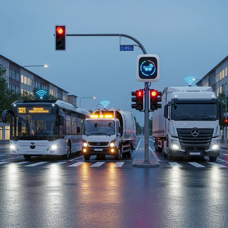 Crossroads with Public Bus, Sanitation Vehicle & Heavy-duty Truck at Traffic Light Crossroads with Public Bus, Sanitation Vehicle & Heavy-duty Truck at Traffic Light
