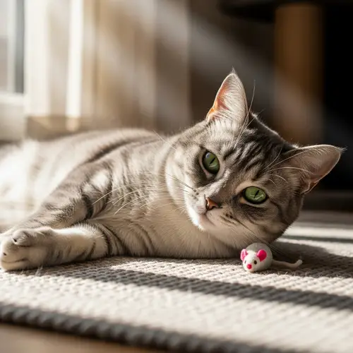 Emerald-Green Eyed Domestic Short-haired Cat on Woven Rug