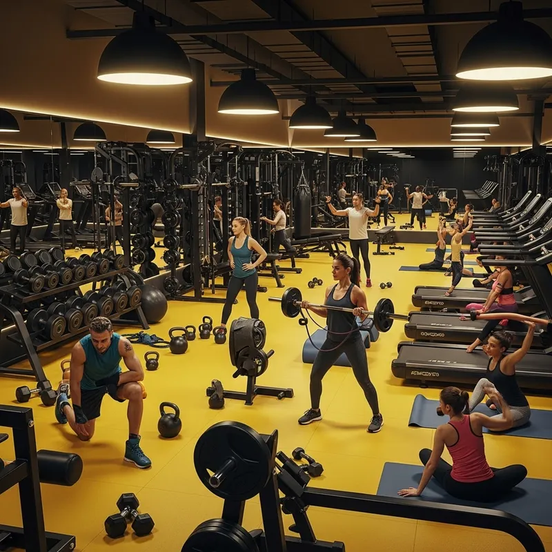 Dynamic Gym Scene with Sporty Black and Yellow Theme