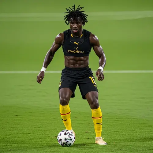 Ghanaian Footballer in Traditional Kit: Expertly Navigating the Field