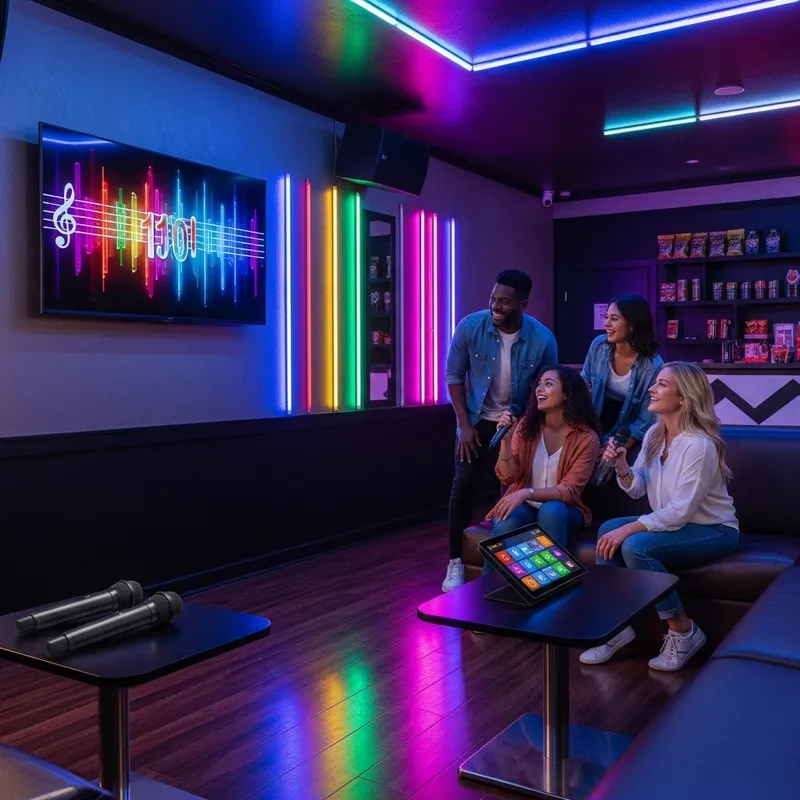 Vibrant Karaoke Room with Neon Lights & Animated Lyrics