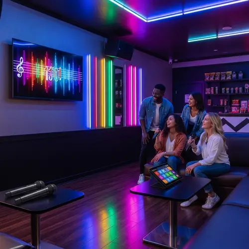 Vibrant Karaoke Room with Neon Lights and Animated Lyrics