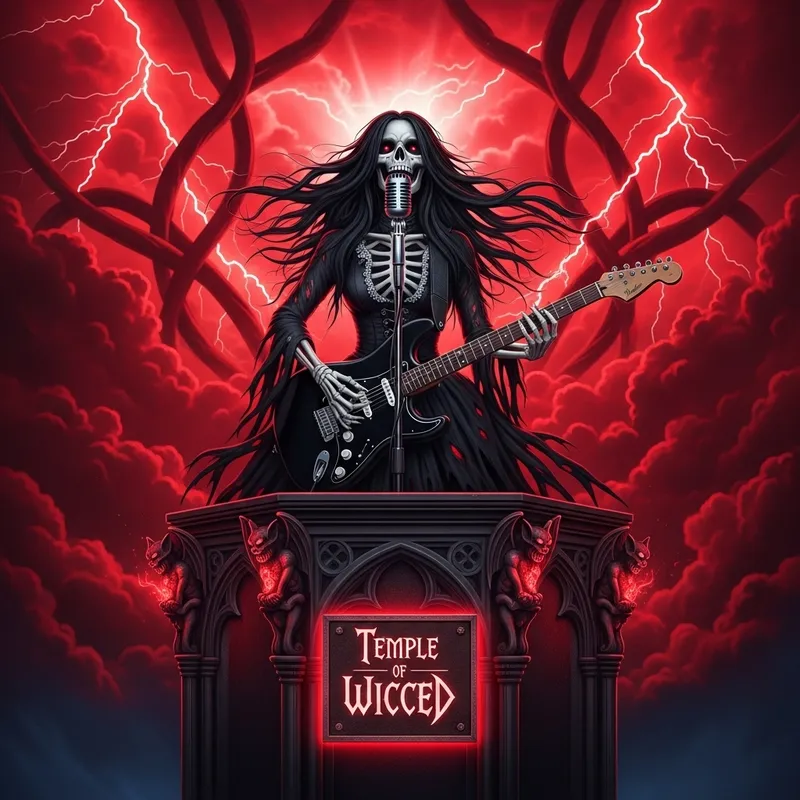 Female Skeleton Preacher Playing Black Fender Guitar at Temple of Wicced