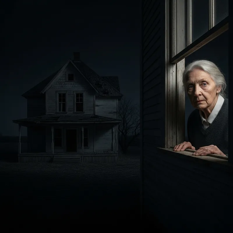 Elderly Lady Gazing Out of Abandoned House at Night