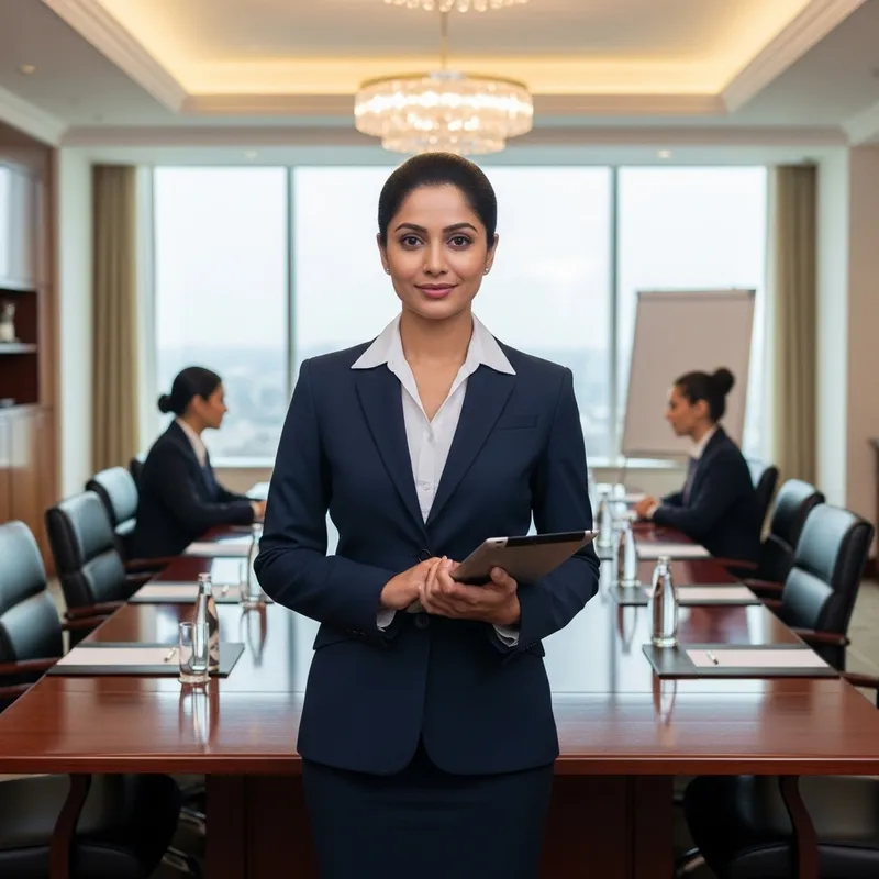 Hotelier Woman Manager in Crisp Modern Hotel | Luxury Meeting Room