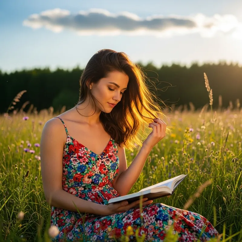 Tranquil Summer Portrait of a Beautiful Young Woman in Meadow