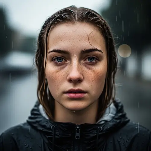 Dramatic Portrait of a Freckled Woman in Rain - 4K