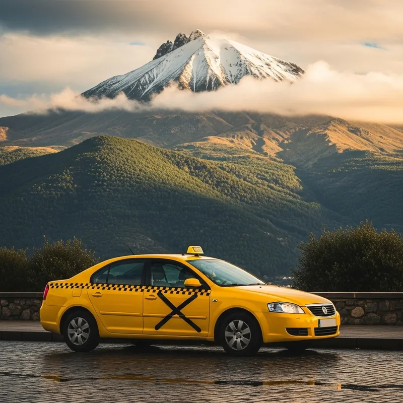 Vibrant Yellow Taxi and the Majestic Sacred Canigou Mountain