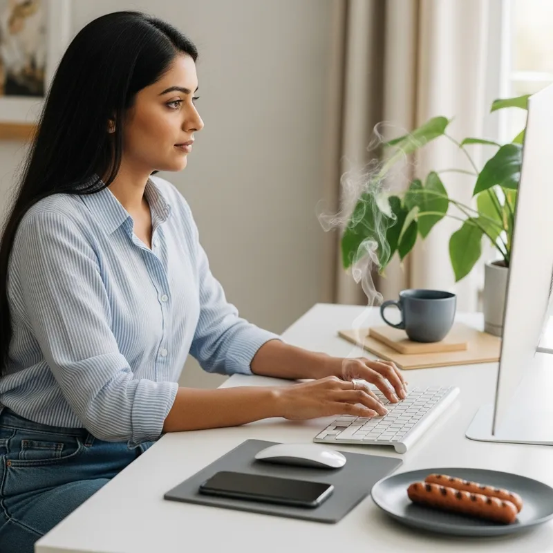 South Asian Woman Working at Home Office Desk | Multitasking with Sausage Snack