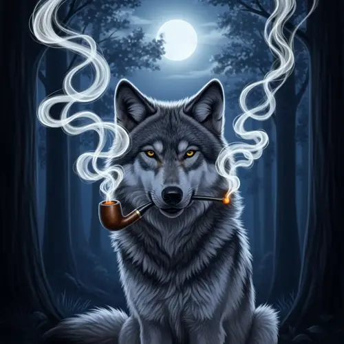 Grey Wolf with Detective Pipe in Moonlit Forest