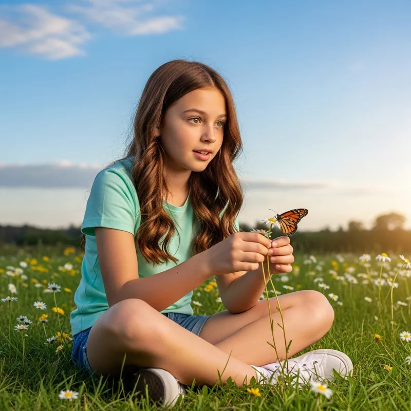 Curious Girl with Monarch Butterfly in Serene Field