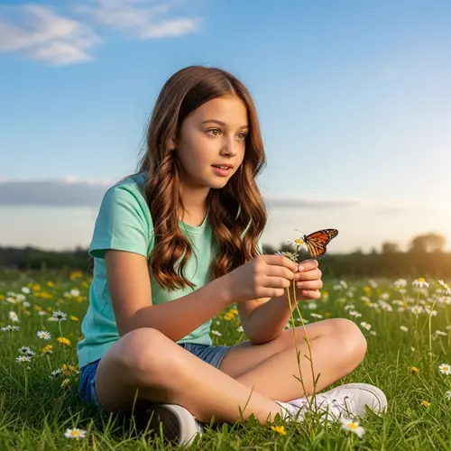 Serene Scene of Curious Girl with Monarch Butterfly