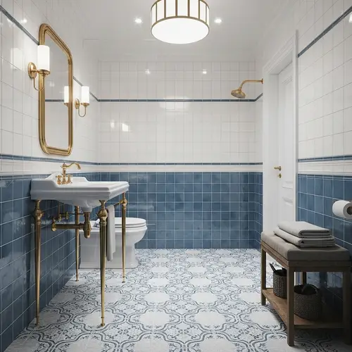 Luxurious Bathroom Design with Blue and White Mosaic Tiles