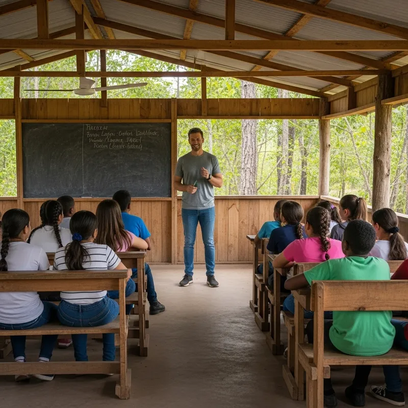 Happy Teacher Engaging Students in Rural Classroom Setting
