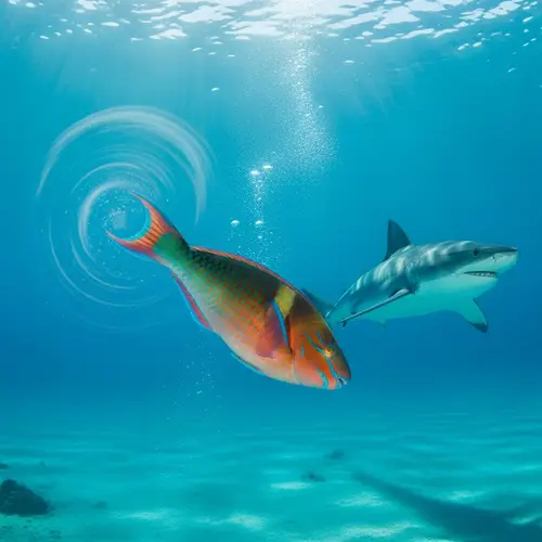 Colorful Fish Swimming in Azure Blue Water with Lurking Shark