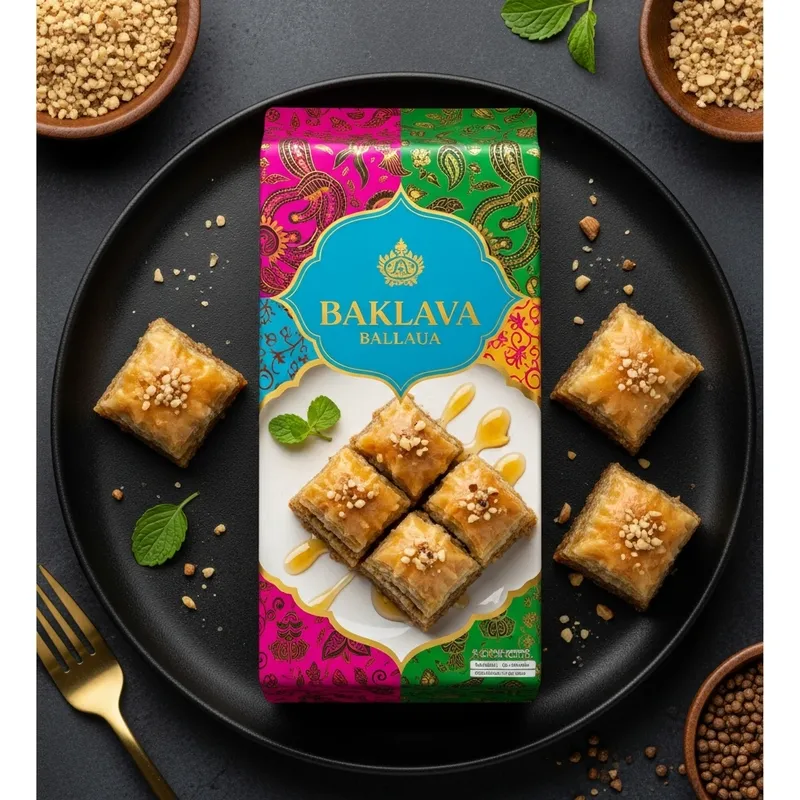 Vibrant Indonesian Baklava Packaging Design with Traditional Flair