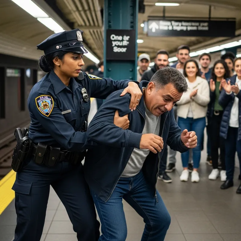 Police Arrests Subway Thief - Female Officer in Action