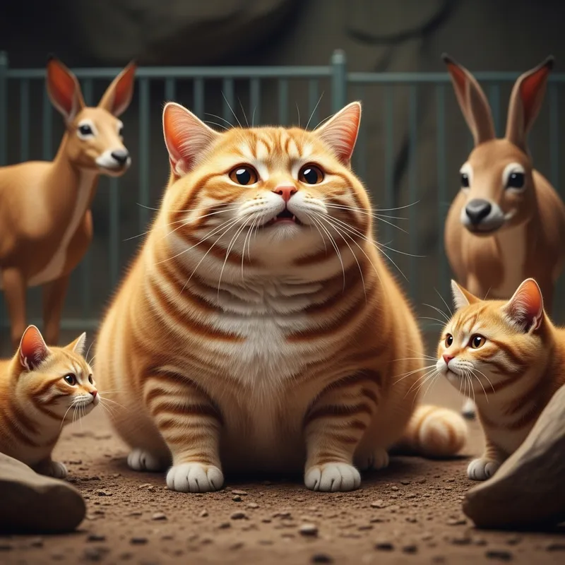 Plump Ginger Cat Enjoying Zoo Animals - Realistic Photography