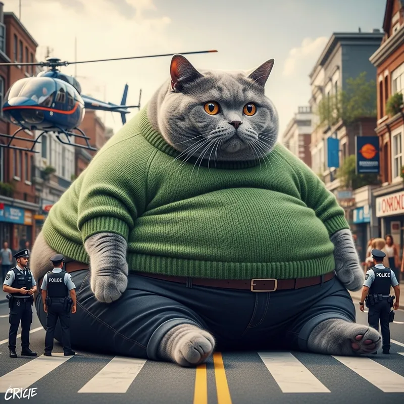 Enormous Grey British Shorthair Cat in Green Sweater - Realistic Photo
