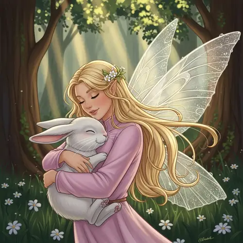 Blonde Fairy Hugging Bunny Artwork