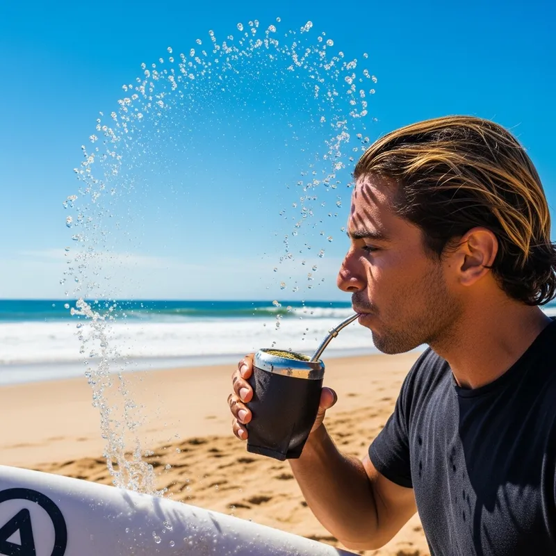 Dynamic Beach Surfer with Yerba Mate - Coastal Lifestyle Vibes