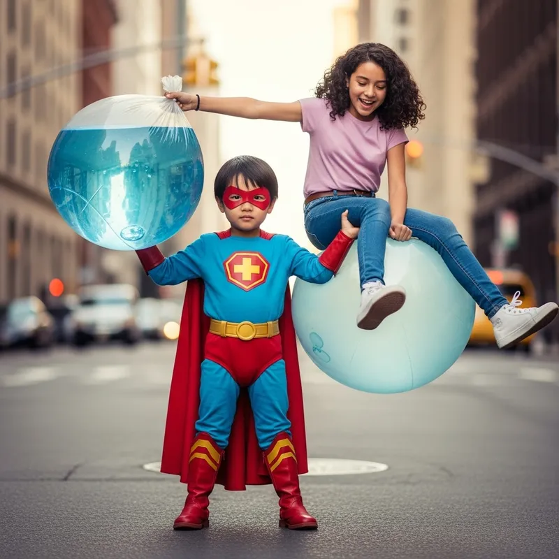 Young Asian Superhero Stands Tall with Inflated 'Diaper' & Joyful Hispanic Teen Girl